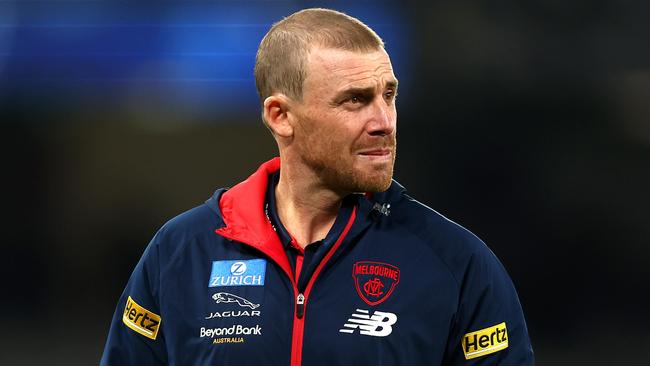 MELBOURNE, AUSTRALIA - MAY 21: Melbourne Demons Head Coach Simon Goodwin looks on prior to the round 10 AFL match between the North Melbourne Kangaroos and the Melbourne Demons at Marvel Stadium on May 21, 2022 in Melbourne, Australia. (Photo by Graham Denholm/Getty Images)