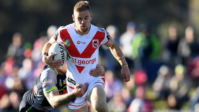 Matthew Dufty on the burst for the Dragons against the Raiders.