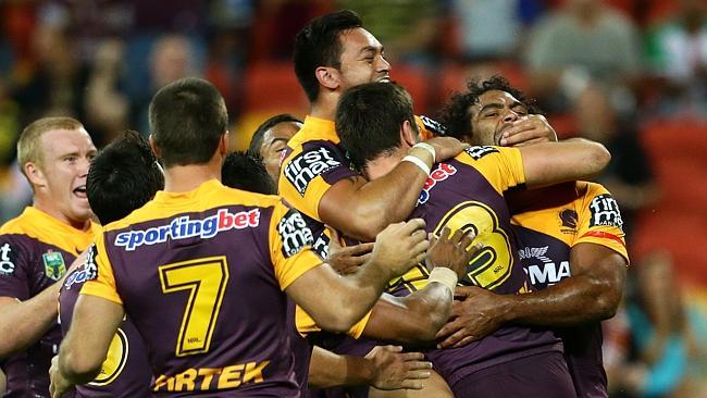 Brisbane Broncos celebrate their win over North Queensland Cowboys. Pic Darren England.