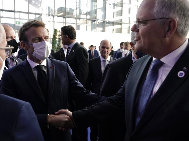 Mr Morrison meets French President Emmanuel Macron. Picture: Adam Taylor