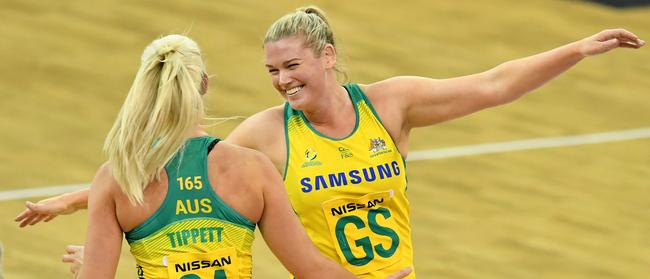 Thwaites celebrates a goal with teammate Gretel Tippett for the Diamonds. Picture: AAP