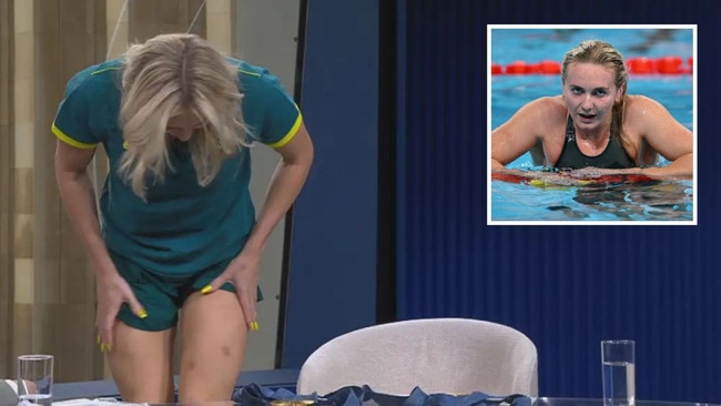 Ariarne Titmus has explained the bruises on her legs. Pictures: Channel 9, Getty