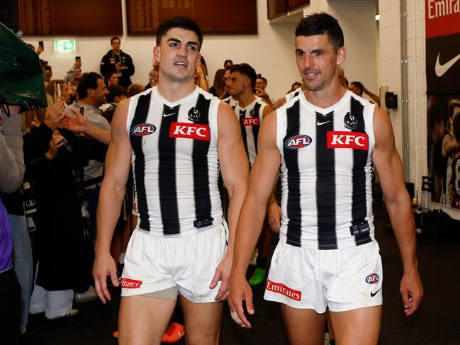 Brayden Maynard and Scott Pendlebury won’t play against Fremantle. Picture: Michael Willson/AFL Photos via Getty Images