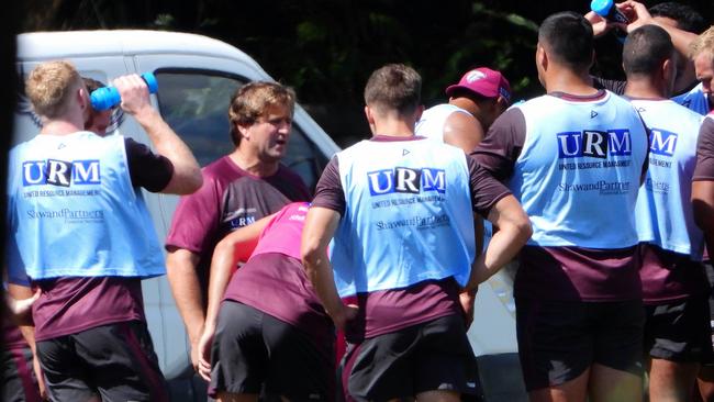 Des Hasler and other players at Manly footballs closed training at Narrabeen. Pictures John Grainger