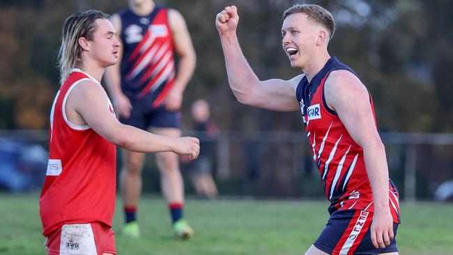 EFL: Nick English celebrates a goal for Waverley Blues. Picture: George Salpigtidis