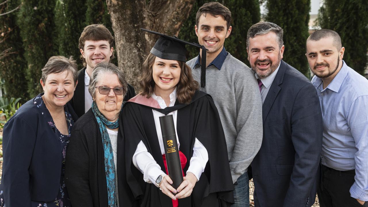 Bachelor of Education graduate Lucy Panitz with (from left) Sarah Panitz, Harry Panitz, Anne Panitz, Stuart Blackburn, Tim Panitz and Tom Panitz at a UniSQ graduation ceremony at The Empire, Tuesday, June 25, 2024. Picture: Kevin Farmer