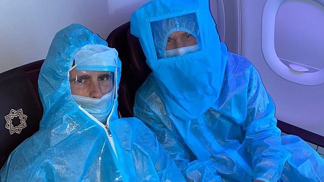 Australian cricketers Kane Williamson, left, and David Warner aboard a flight from Hyderabad to New Delhi. Picture: Instagram