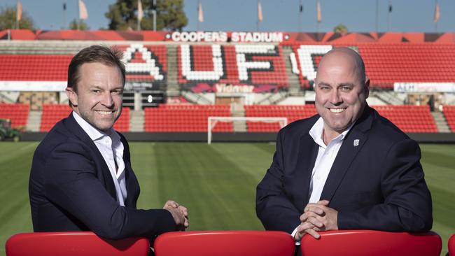 Ned Morris, Adelaide United chairman with Cor Adriaanse, Adelaide United owner. Picture: Sarah Reed/Getty