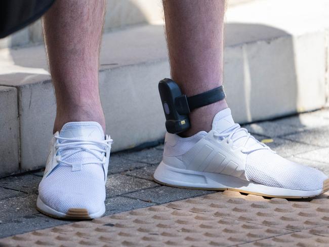 ADELAIDE/ KAURNA YARTA, AUSTRALIA - NewsWire Photos FEBRUARY 13, 2024: Ankle bracelets for electronic monitoring by police are seen being worn outside of Adelaide Magistrates Court. Picture: NCA NewsWire / Morgan Sette