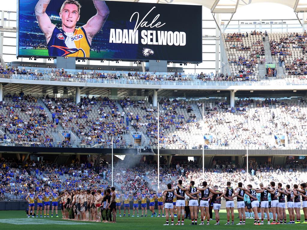 West Coast and St Kilda players paid tribute to Adam Selwood before last weekend’s match. Picture: Paul Kane