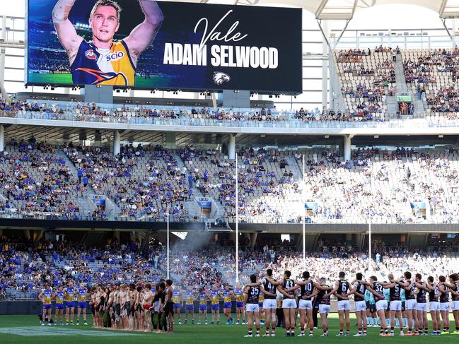 West Coast and St Kilda players paid tribute to Adam Selwood before last weekend’s match. Picture: Paul Kane