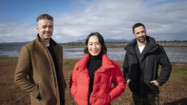 The late Jock Zonfrillo with fellow MasterChef Australia judges Melissa Leong and Andy Allen during filming on Tasmania's East Coast.