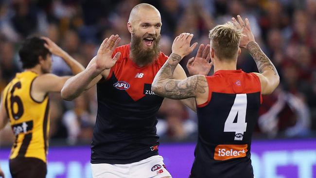 Melbourne’s Max Gawn celebrates a goal. Picture: Phil Hillyard