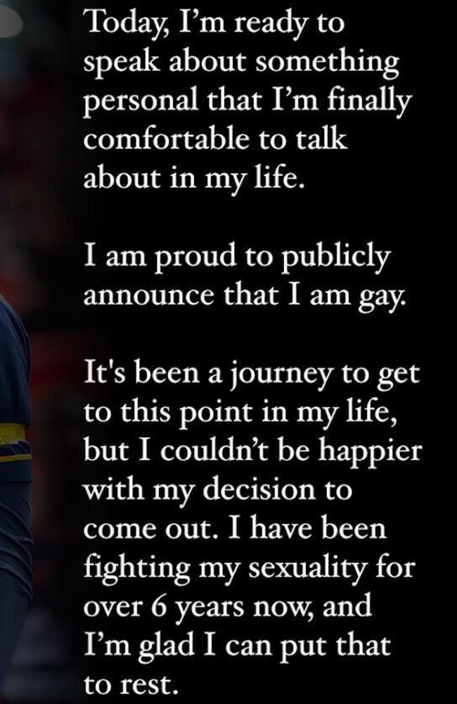 Josh Cavallo announces he is gay. Picture: Instagram