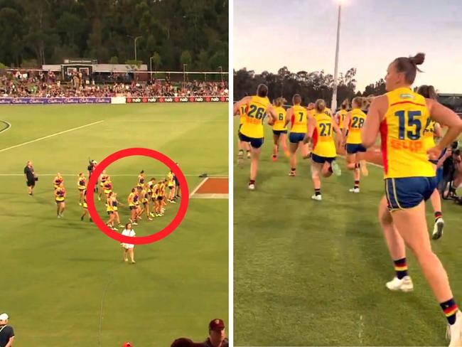 The Crows players arrived for the anthem and Welcome To Country. Photo: Channel 7 and Twitter @CrowsAFLW.