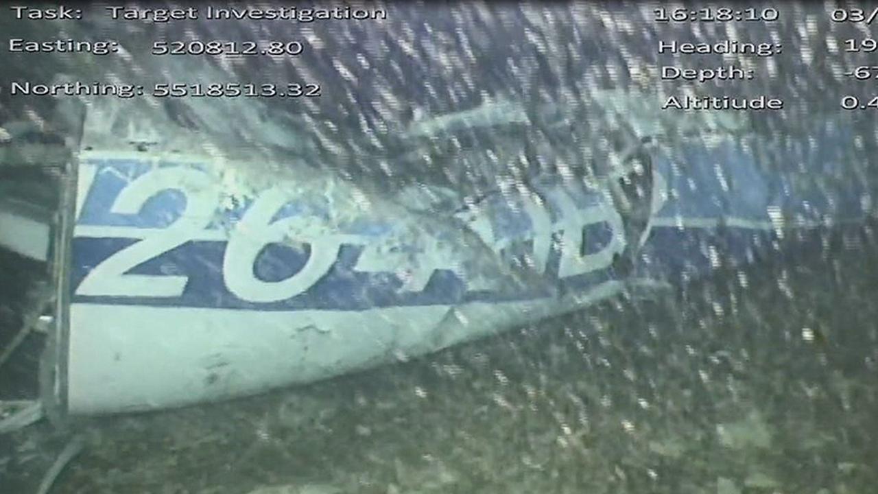 An image released by the UK Air Accidents Investigation Branch (AAIB) shows the rear left side of the wreckage of the plane carrying Emiliano Sala.