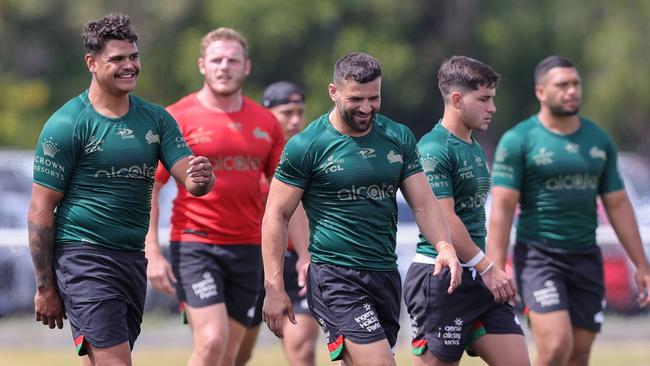 Latrell Mitchell, left, and Josh Mansour, centre, at the Rabbitohs training session on the Gold Coast on Tuesday. Picture: Getty Images