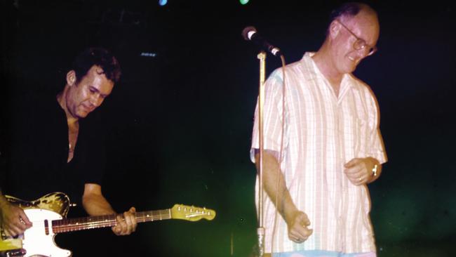 Rod Willis on stage at his 50th birthday party at the Avalon RSL, November 1997, which marked the first time Cold Chisel had played live together since 1984. Picture: Roy Leggo