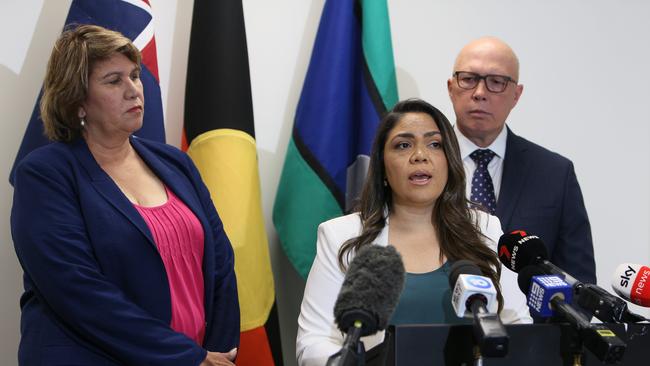 The Leader of the Opposition Peter Dutton, South Australian Senator Kerrynne Liddle and Senator Jacinta Price at a press conference in Adelaide. Picture: NCA/NewsWire Emma Brasier