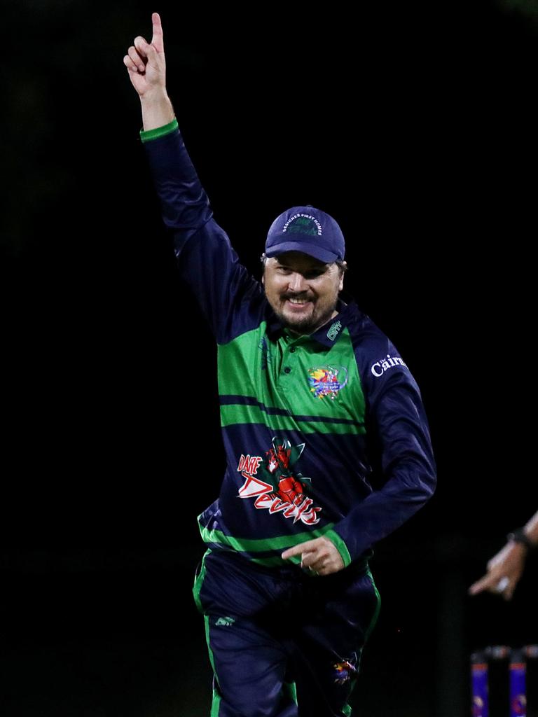 T20 Barrier Reef Big Bash: Designer First Homes Dare Devils v Halpin Hurricanes at Griffiths Park. Dare Devils' Thomas Level takes a wicket. Picture: Stewart McLean