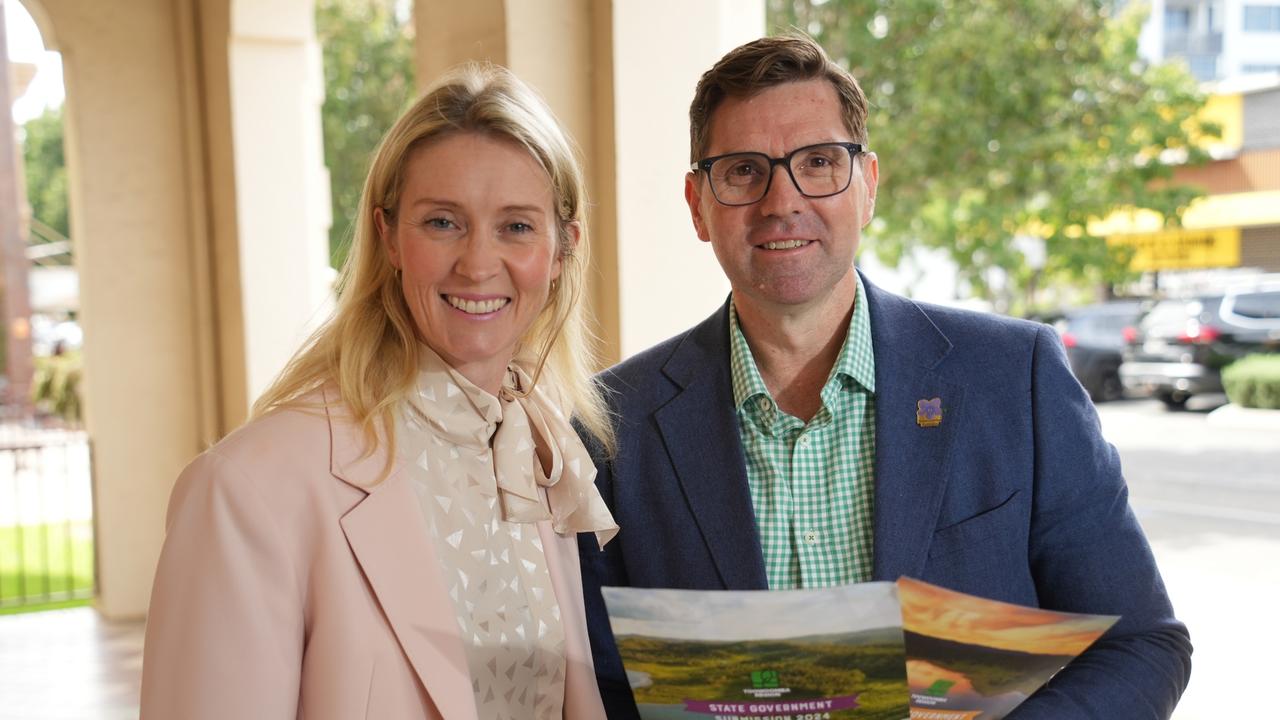 Toowoomba deputy mayor Rebecca Vonhoff and mayor Geoff McDonald discuss the council's request for $90m from both the state and federal governments to help pay for the Cressbrook Dam safety upgrades.