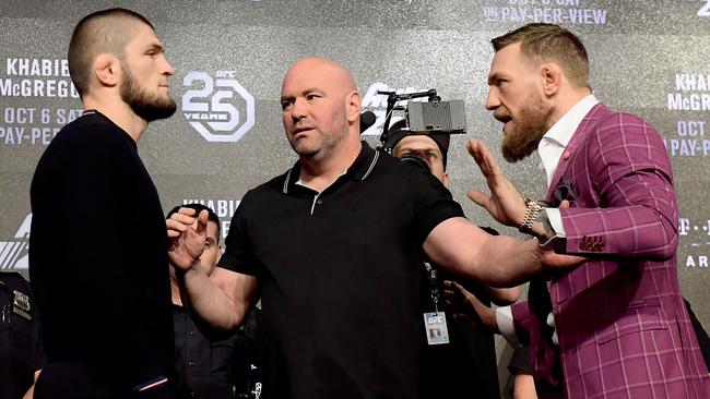 Khabib Nurmagomedov faces-off with Conor McGregor during the UFC 229 press conference in 2018. Picture: Getty Images