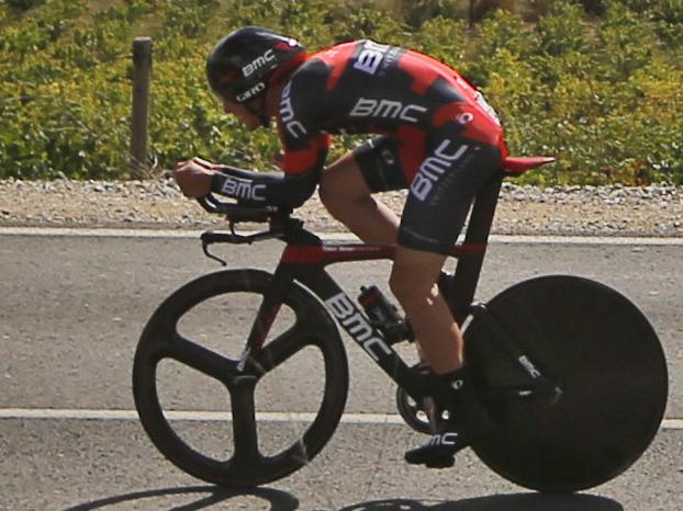 Team BMC of the U.S. competes to win the men's team trial event over 57.1 kilometers (35.5 miles) at the Road Cycling World Championships in Ponferrada, north-western Spain, Sunday Sept. 21, 2014. (AP Photo/Daniel Ochoa de Olza)