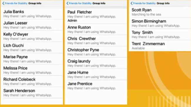 ABC showed the names involved in the ‘hastily put together’ WhatsApp group. Picture: ABC