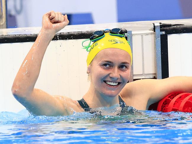 Titmus celebrates after defeating Katie Ledecky. Picture: Adam Head