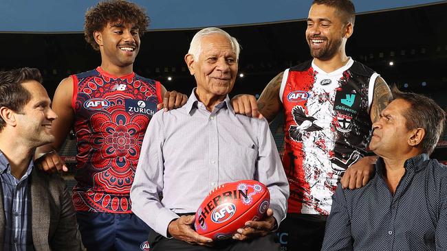 Gavin Wanganeen, Kysaiah Pickett, Syd Jackson, Bradley Hill and Nicky Winmar come together in a celebration of their heritage. Picture: Michael Klein