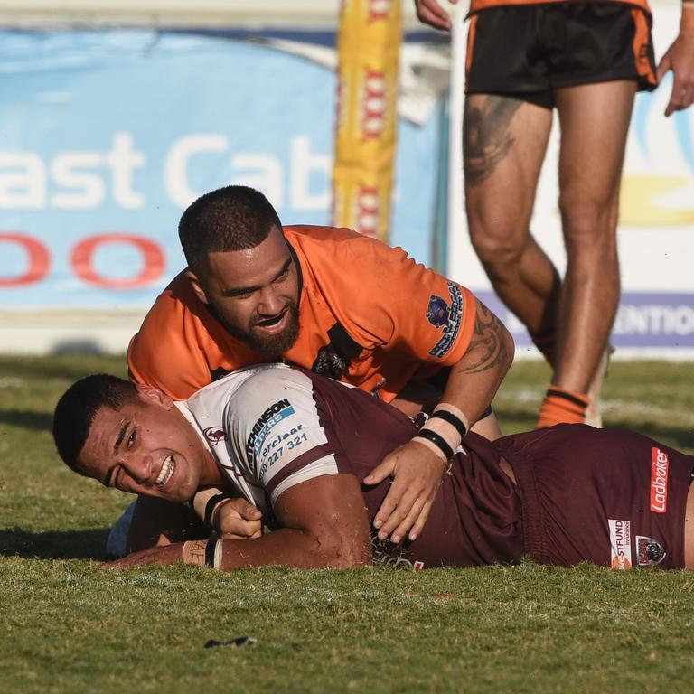 Rugby League Gold Coast A grade grand final between Burleigh and Southport at Pizzey Park. Burleigh's Darius Farmer scores a try. (Photo/Steve Holland)