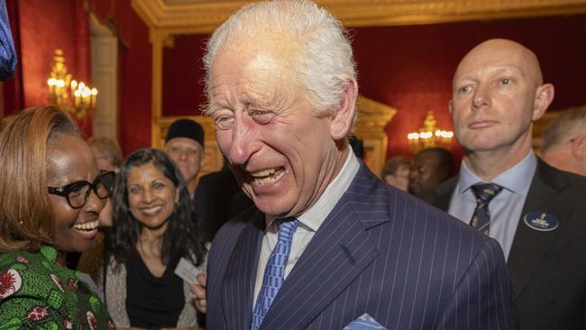 LONDON, ENGLAND - OCTOBER 02: Britain's King Charles III and Queen Camilla are greeted by a number of well-known members of the Commonwealth Diaspora including actress Cate Blanchett, singer Grace Jones, dancer Motshegetsi Mabuse-Voznyuk, rugby player Theodore McFarland, soprano Isabella Moore and singer Neil Finn during a reception to celebrate the Commonwealth, ahead of the Commonwealth Heads of Government Meeting in Samoa, at St. James's Palace on October 2, 2024 in London, England. The reception, for around 300 guests, will recognise and celebrate the huge contribution made by the Commonwealth. (Photo by Jeff Gilbert - WPA Pool/Getty Images)