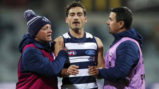 A groggy Luke Dahlhaus is helped from the field by Geelong trainers due to concussion.