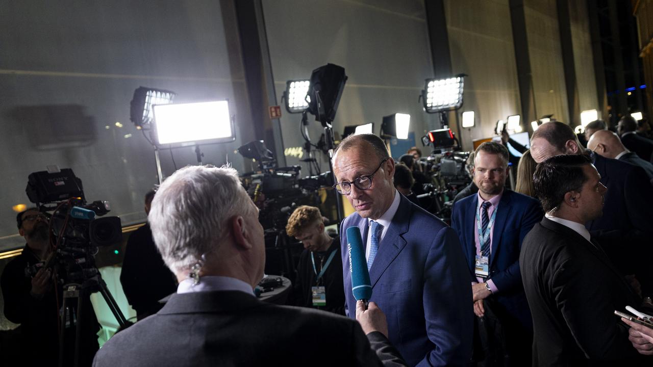 Friedrich Merz, chancellor candidate of Germany’s Christian Democrats (CDU/CSU), speaks to the media at CDU headquarters following the announcement of initial results in snap federal parliamentary elections on February 23, 2025 in Berlin, Germany. Picture: Getty.