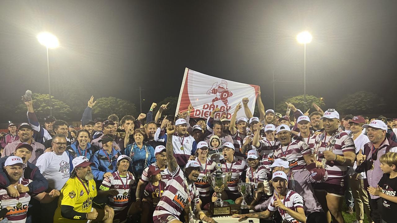 Dalby Diehards celebrate winning the 2023 A-grade premiership.