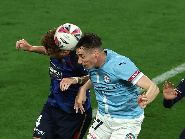 Melbourne City’s Max Caputo attempts a header. Picture: Getty Images