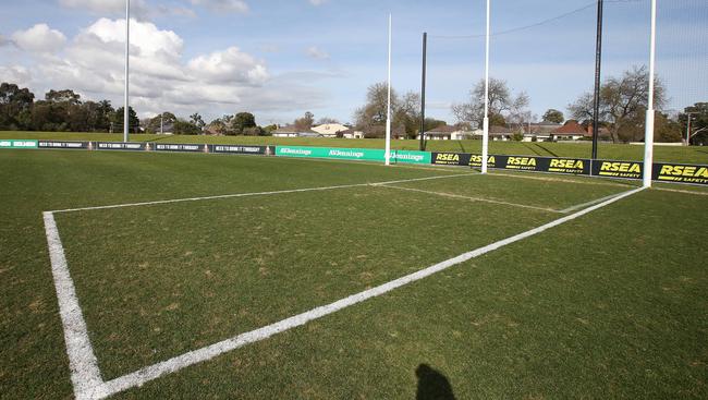 The extra-long goal square was immediately evident to those arriving at Moorabbin for the league’s fourth rules trial. Picture: Michael Klein