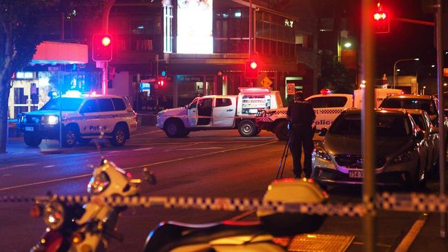 Police cordon off Toowoomba’s CBD after the homeless man was stabbed in the chest on the evening of February 16, 2023.