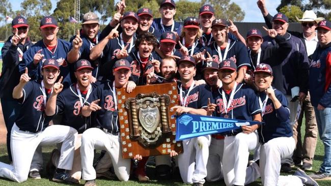 Malvern Braves celebrate after winning the Division 2 premiership at Melbourne Ballpark last weekend