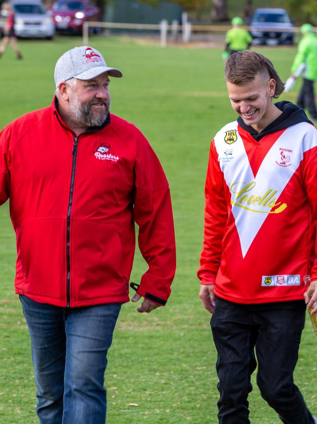 Birdwood Football and Netball Club president Brendan Loechel with Jack ﻿Loiacono, Antonio’s brother. Picture: Ben Clark