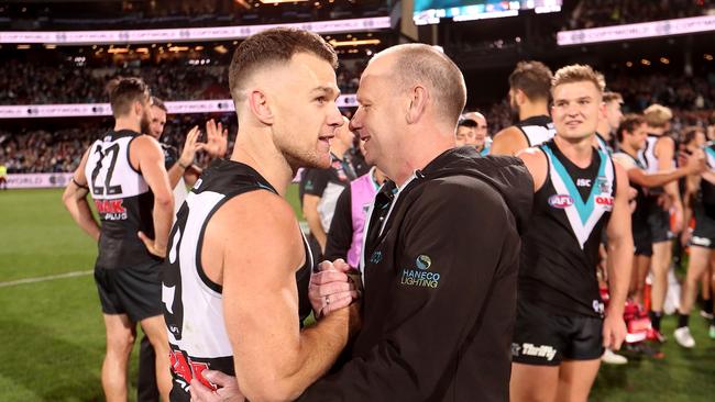 Robbie Gray and Ken Hinkley celebrate after the Power beat the Crows by five points in Round 8, 2018. Picture: James Elsby/AFL Media/Getty