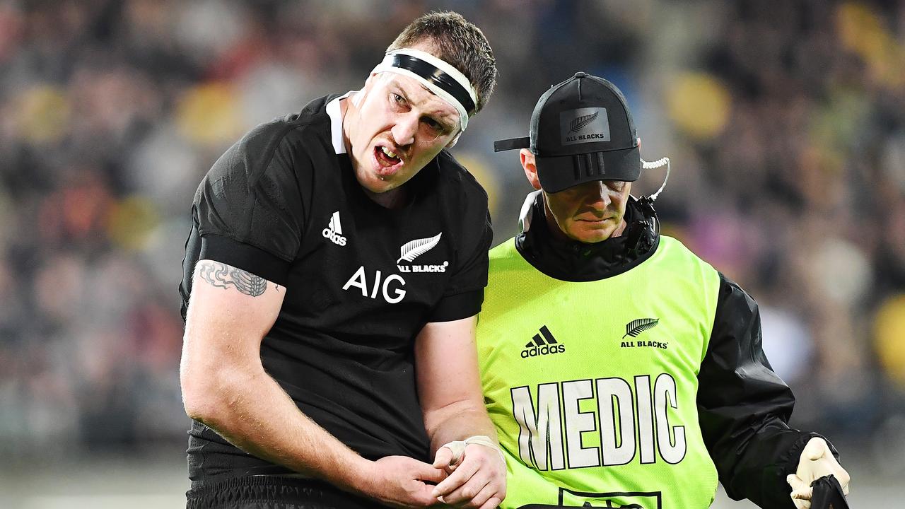Brodie Retallick of the All Blacks suffers a dislocated shoulder.