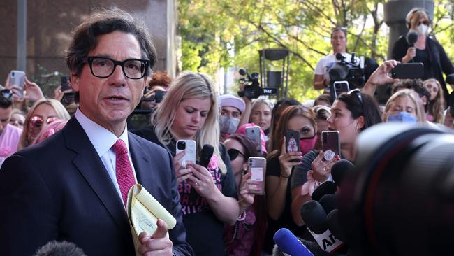 Britney Spears' lawyer Matthew Rosengart speaks to the press and #FreeBritney activists after a hearing in which Spears' father, Jamie Spears, was removed by a judge as conservator of her estate at the Stanley Mosk Courthouse in Los Angeles, California.