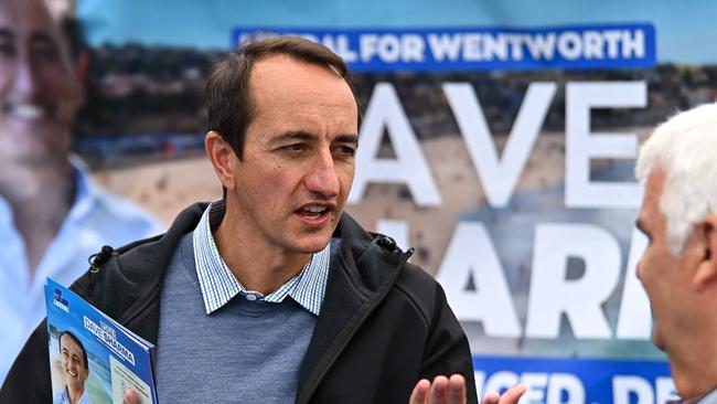 Dave Sharma speaks to voters during the May election campaign. Picture: Steven Saphore/AFP)