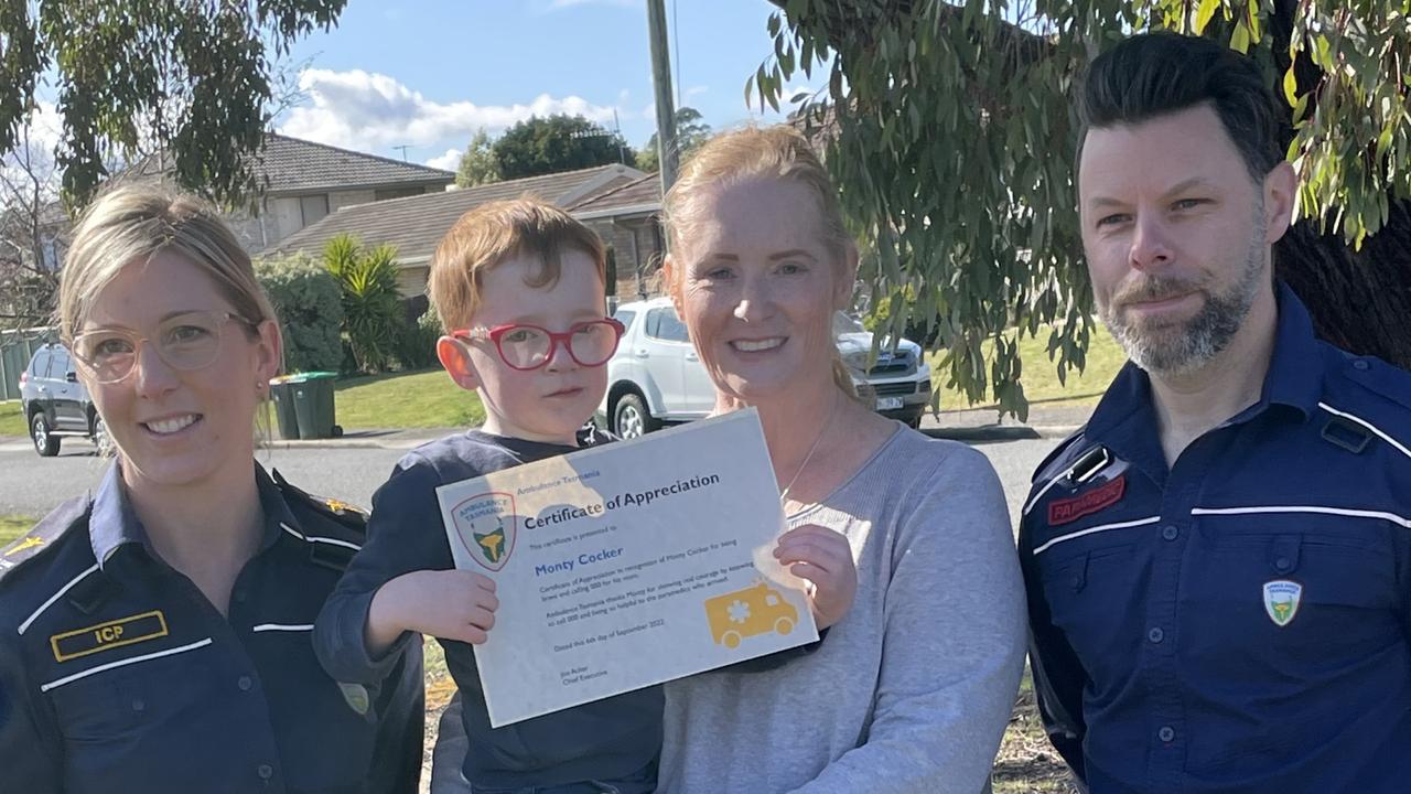 Launceston paramedics Danielle Masters and Mark Small with 4-year-old Prospect Vale hero Monty Cocker with mum Wendy. Picture: Alex Treacy