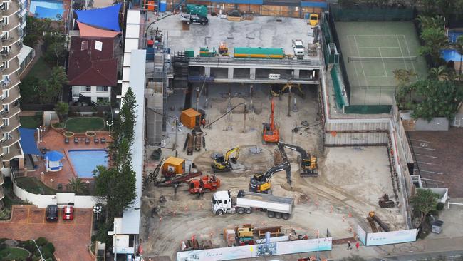 An aerial view of Harry Triguboff's Meriton Ocean project at Surfers Paradise. Photo: Nigel Tod