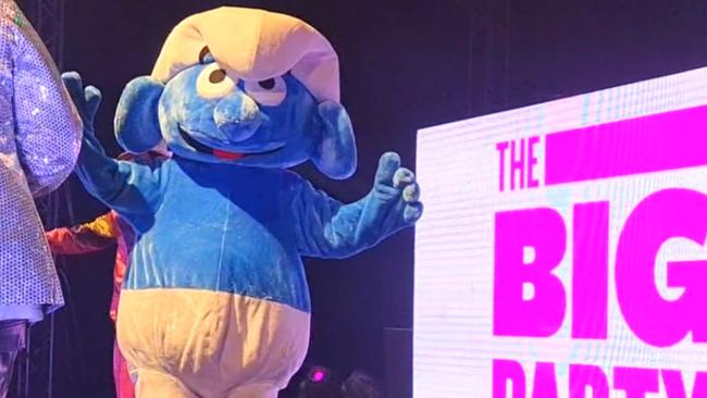 The Big Party's vintage costume mascot 'Smurf', performing on stage. Picture: Supplied