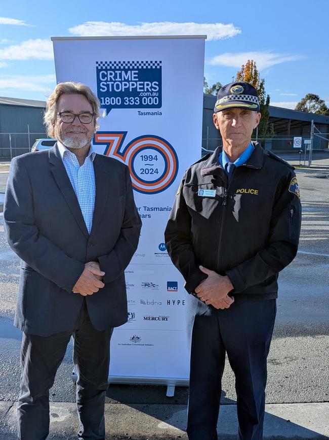 Mark Mewis, Ambassador Crime Stoppers Tasmania and Inspector Nick Clark, Tasmania Police on the importance of community tips to crack down on dangerous drivers. Picture: Supplied/Crime Stoppers Tasmania