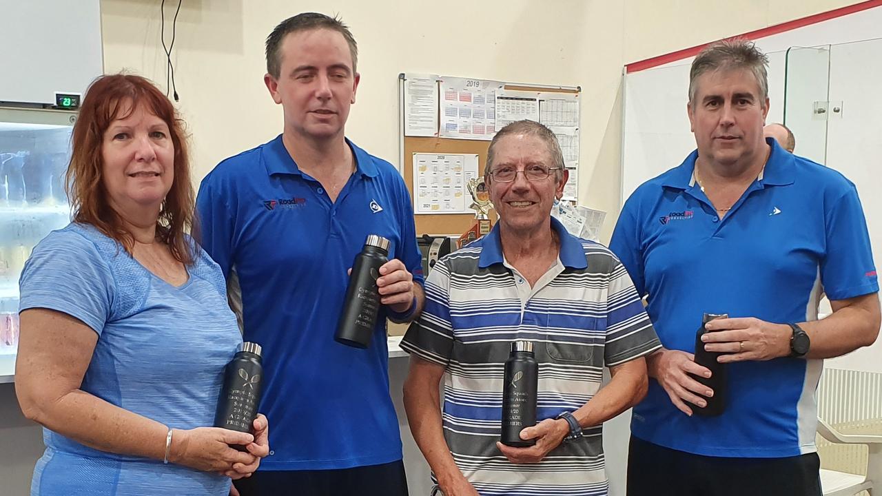 Squash - A-grade winners Vicki Polley, Luke Kidd, Gary Elson, Cameron Hughes and missing Bert Kritzinger.