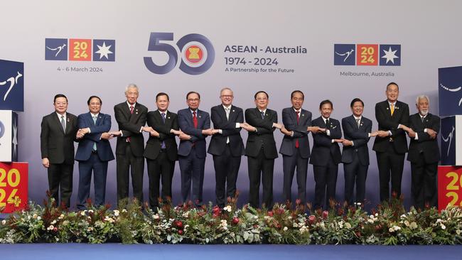 Prime Minister Anthony Albanese poses for a group photo with leaders at the 2024 ASEAN-Australia Special Summit. Picture: NCA NewsWire / David Crosling